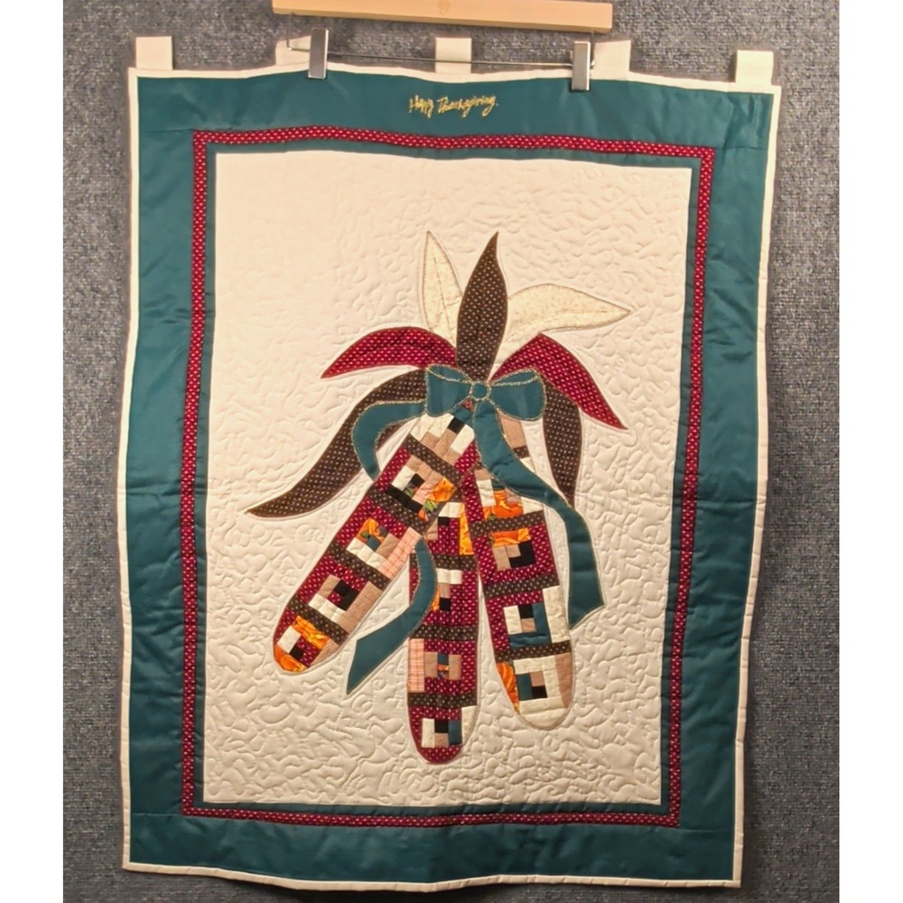Vintage Handmade Happy Thanksgiving Quilted Wall Hanging Corn Design 26x34 1997